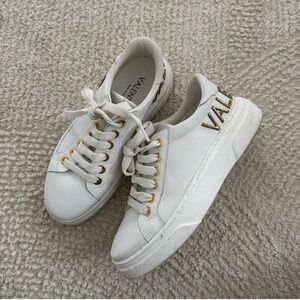 Valentino White Leather Sneakers with Gold Eyelets and Logo